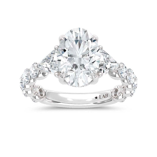 14K White Gold Lab Grown Diamond 3 Ct.Tw. Round and Trillion Engagement Ring (Center Oval)