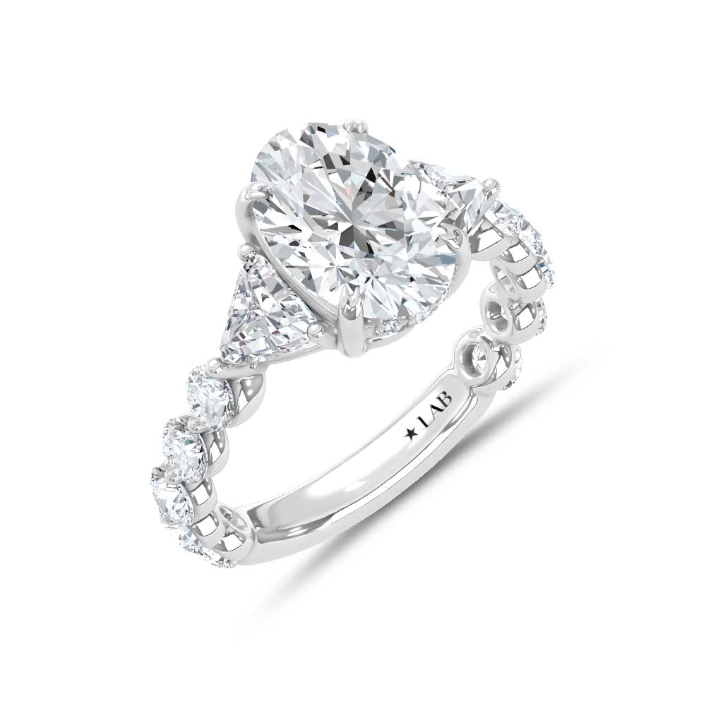 14K White Gold Lab Grown Diamond 3 Ct.Tw. Round and Trillion Engagement Ring (Center Oval)