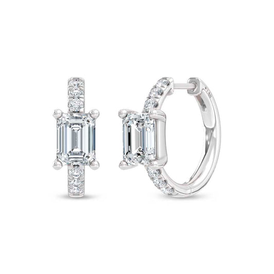14K White Gold Lab Grown Diamond  1 3/4 Ct.Tw. Emerald and Round Hoop Earrings