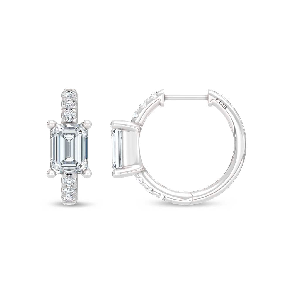 14K White Gold Lab Grown Diamond  1 3/4 Ct.Tw. Emerald and Round Hoop Earrings