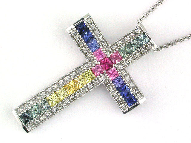 EFFY 14K WHITE GOLD DIAMOND,NATURAL CEYLON SAPPHIRE,GREEN SAPPHIRE,PINK SAPPHIRE,YELLOW SAPPHIRE PENDANT