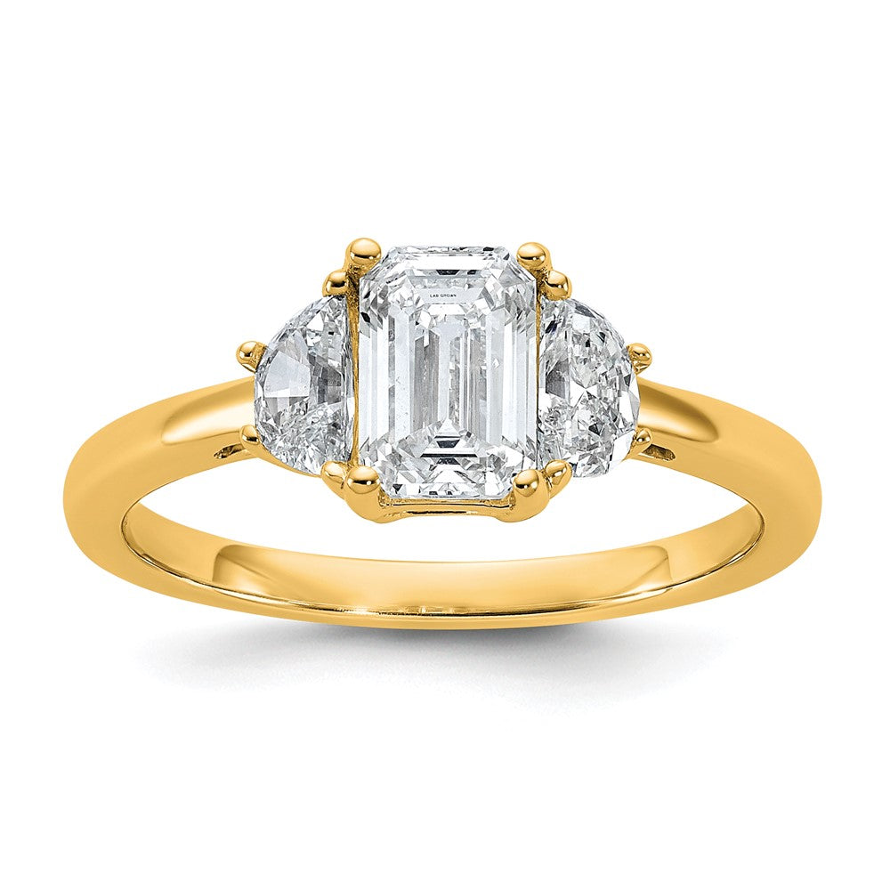 14k 1 3/8ct Cert Lab Grown Dia VS/SI+ G+ Emerald&1/2 Moon 3Stone Eng Ring