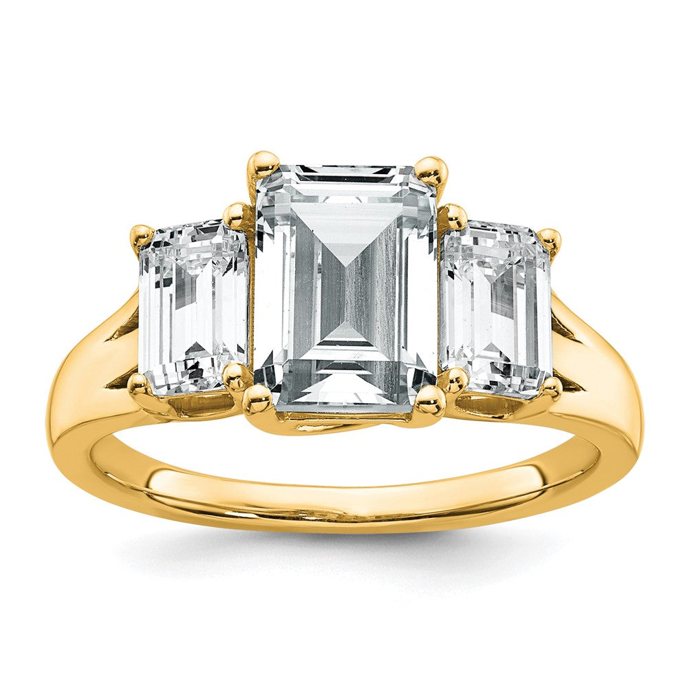 14k 3 1/3ct Lab Grown Diamond VS+ F+ Emerald Comp 3 Stone Eng Ring