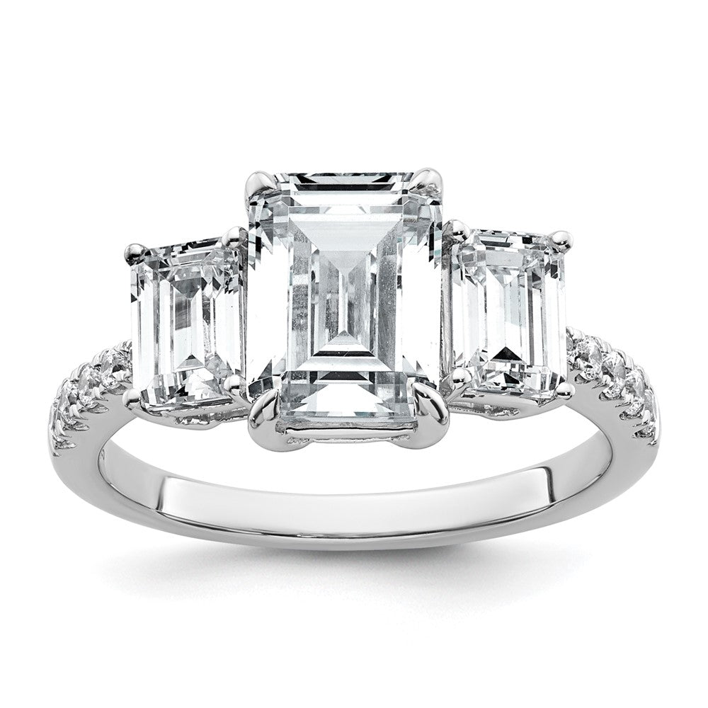 14kw 3 3/8ct Cert Lab Grown Diamond VS+ F+ Emerald Comp 3 Stone Eng Ring