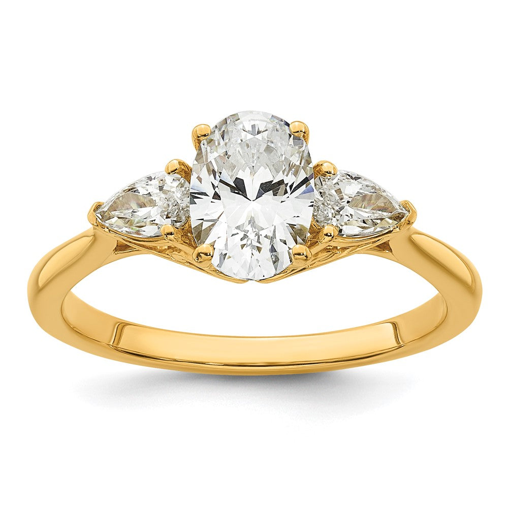 14k 1 3/8ct Lab Grown Diamond VS+ F+ Oval/Pear Comp 3 Stone Eng Ring
