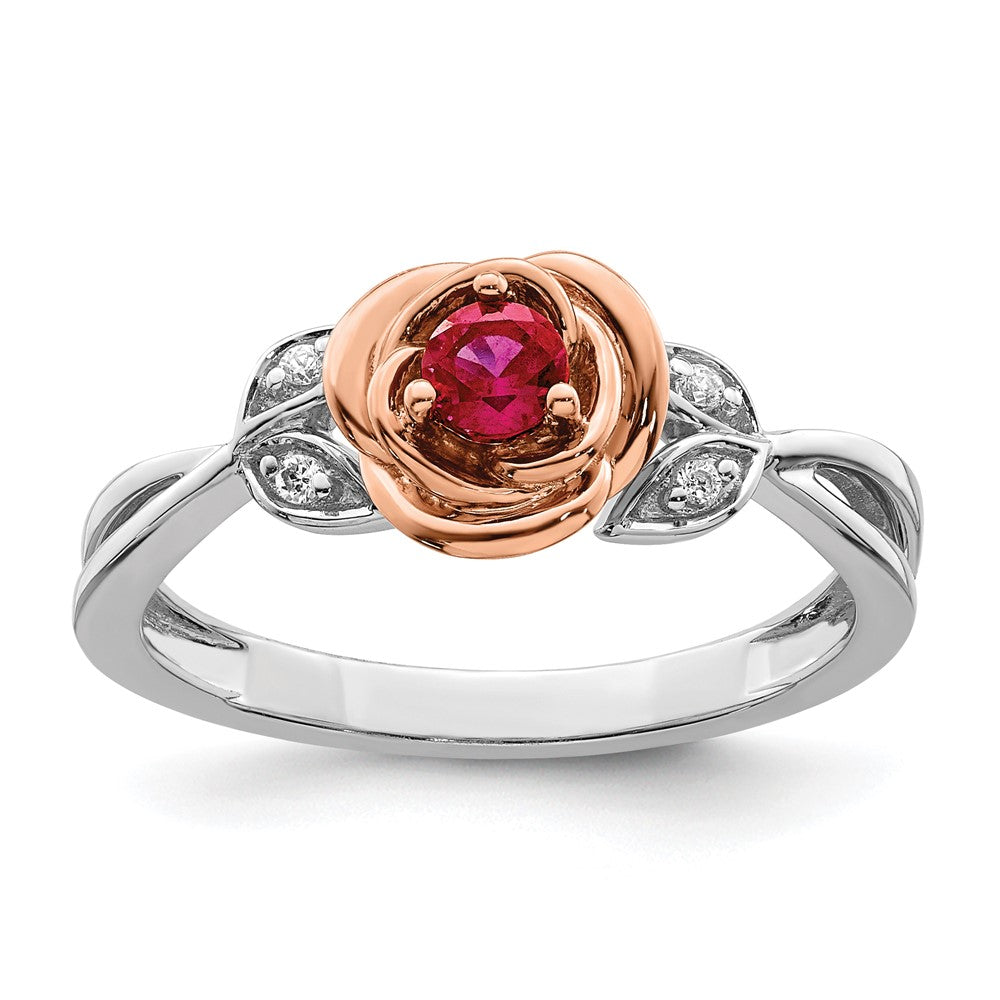 14K Two-tone White & Rose Ruby and Diamond Flower Ring
