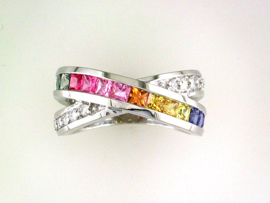EFFY 14K WHITE GOLD DIAMOND,NATURAL CEYLON SAPPHIRE,GREEN SAPPHIRE,PINK SAPPHIRE,YELLOW SAPPHIRE RING