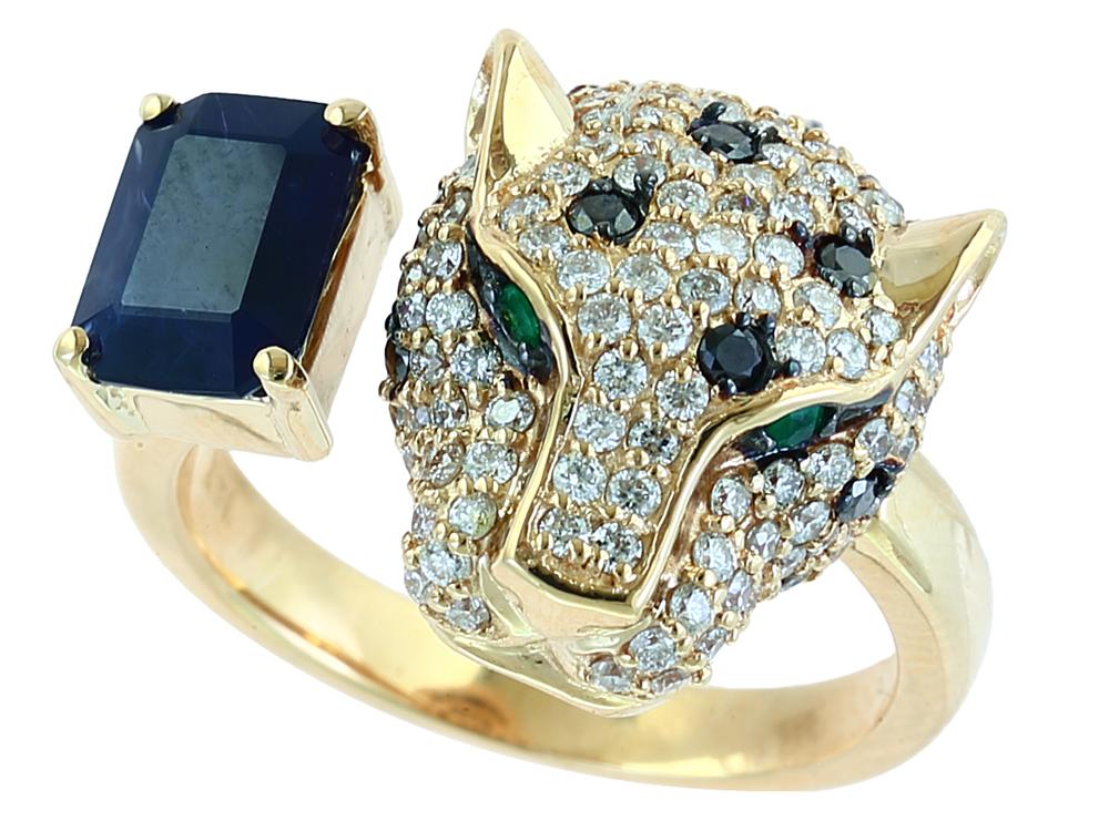 EFFY 14K YELLOW GOLD DIAMOND,BLACK DIAMOND,NATURAL EMERALD,NATURAL SAPPHIRE RING