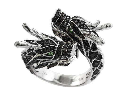 EFFY 14K WHITE GOLD BLACK DIAMOND,TSAVORITE RING