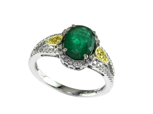 EFFY 14K WHITE and YELLOW GOLD DIAMOND,NATURAL YELLOW DIAMOND,NATURAL EMERALD RING
