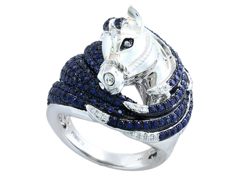 EFFY 14K WHITE GOLD DIAMOND,BLACK DIAMOND,NATURAL SAPPHIRE RING