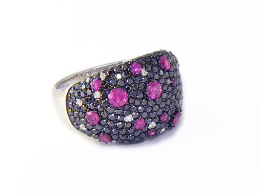 EFFY 14K WHITE GOLD DIAMOND,BLACK DIAMOND,NATURAL RUBY RING