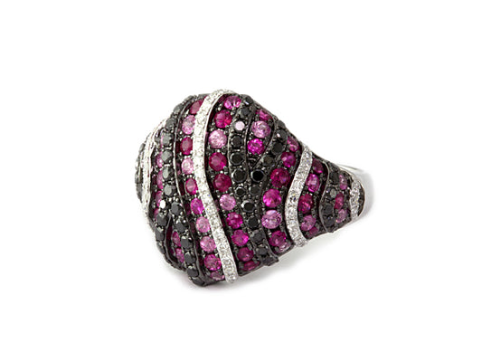 EFFY 14K WHITE GOLD DIAMOND,BLACK DIAMOND,PINK SAPPHIRE,NATURAL RUBY RING