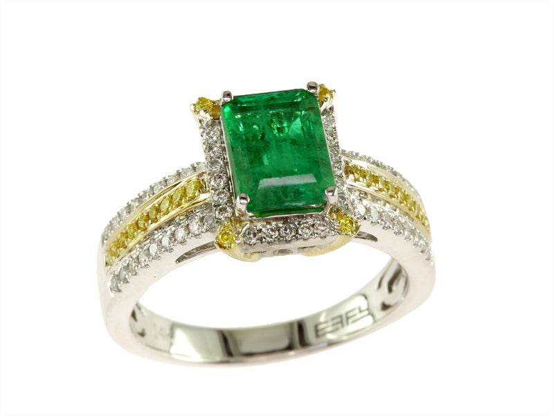 EFFY 14K WHITE and YELLOW GOLD DIAMOND,NATURAL YELLOW DIAMOND,NATURAL EMERALD RING