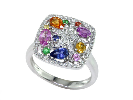 EFFY 14K WHITE GOLD DIAMOND,NATURAL CEYLON SAPPHIRE,ORANGE SAPPHIRE,PINK SAPPHIRE,PURPLE SAPPHIRE,TSAVORITE,YELLOW SAPPHIRE RING