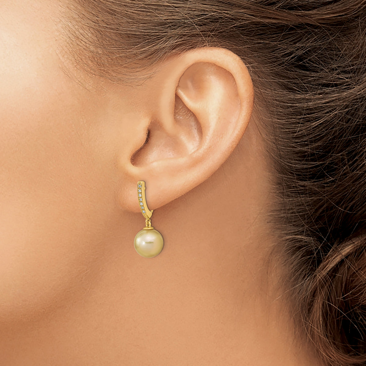 14K 10-11mm Round Golden Saltwater South Sea Pearl .105ct. Dia. Dangle Earr
