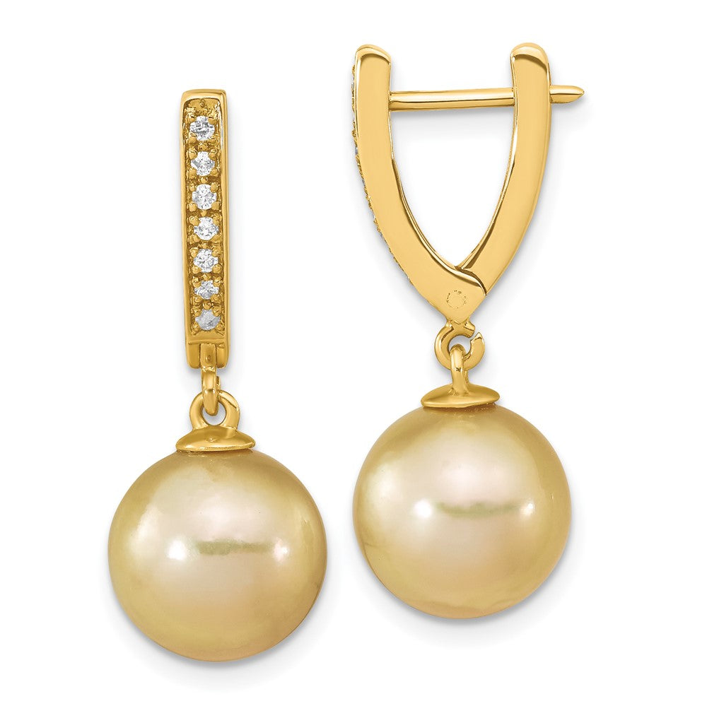 14K 10-11mm Round Golden Saltwater South Sea Pearl .105ct. Dia. Dangle Earr