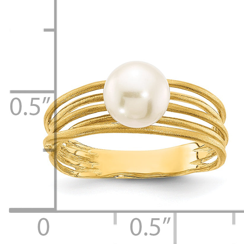 14K 7-8mm Round White Freshwater Cultured Pearl Brushed Ring
